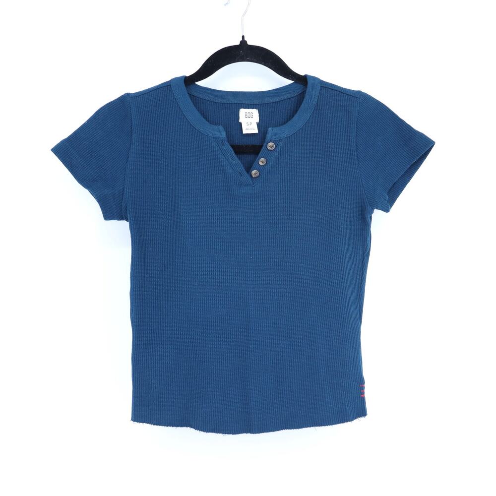 BDG Faith Henley Knit Top Dark Teal Short Sleeve Crop Waffle Knit Women's S